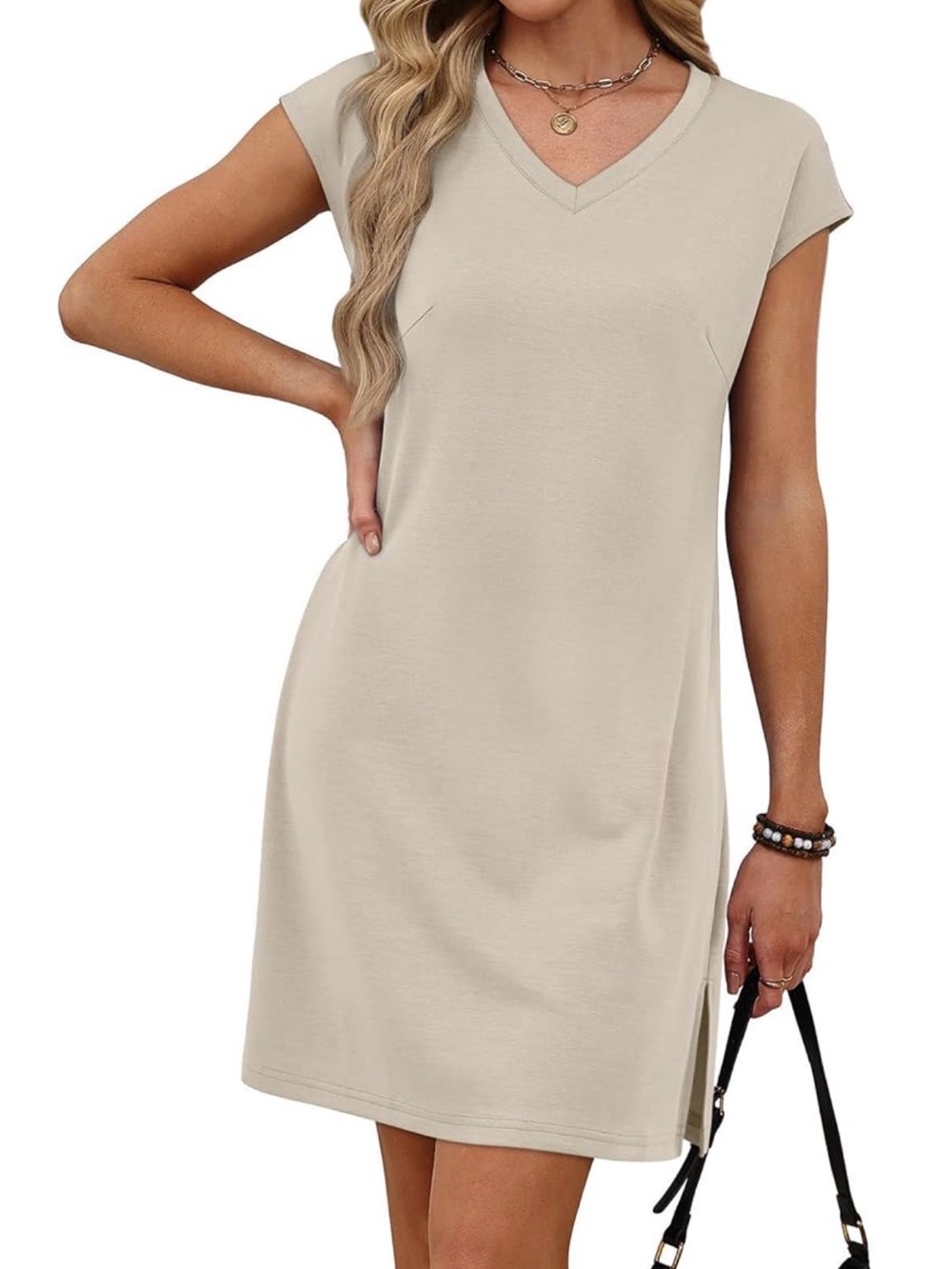 V-Neck Mini Beige Women's Dress